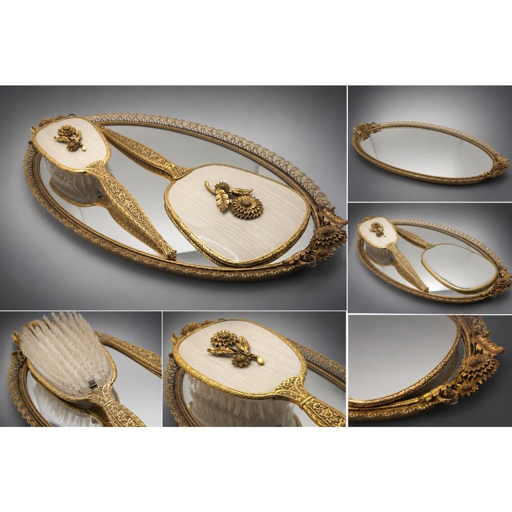 Vintage Gold Tone Vanity Set Tray Mirror Brush Floral Filigree Oval 3 Piece